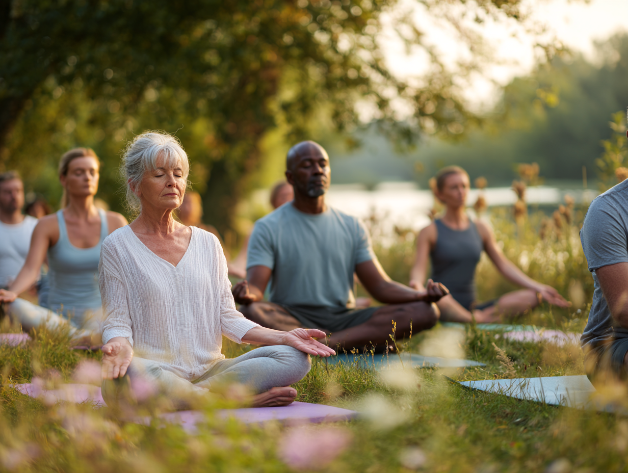 Жінка практикує йогу на природі